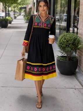 PHULKARI Black Multicolor Embroidered Midi Dress by Subhai Apparel